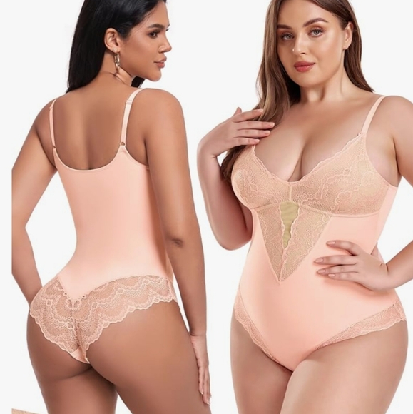 TDIFFUN Womens Pink Lace Shapewear Bodysuit Tummy Control Double layered Sz L - Picture 4 of 7